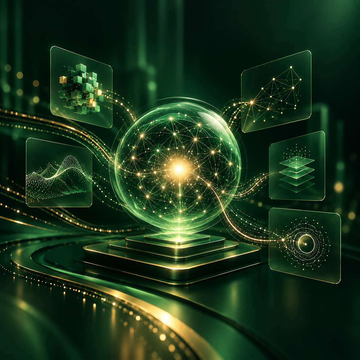 Holographic AI network sphere representing AI development