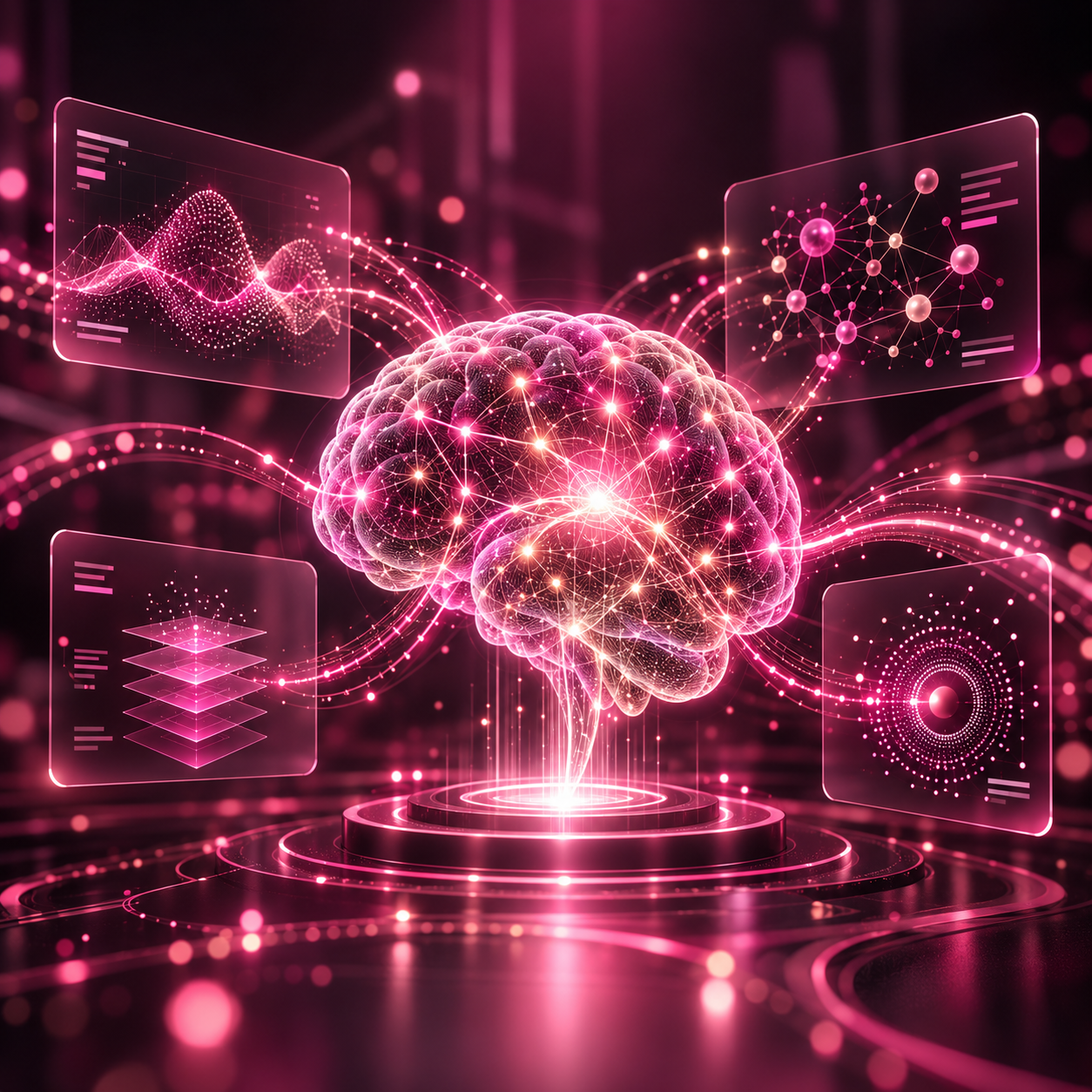 Neon neural brain interface representing technology research